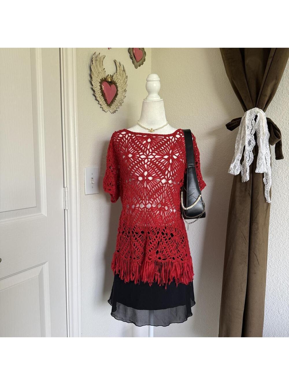 Chico's Open Knit Short Sleeve Poncho Crochet Blouse Festival Bohemian Hippie